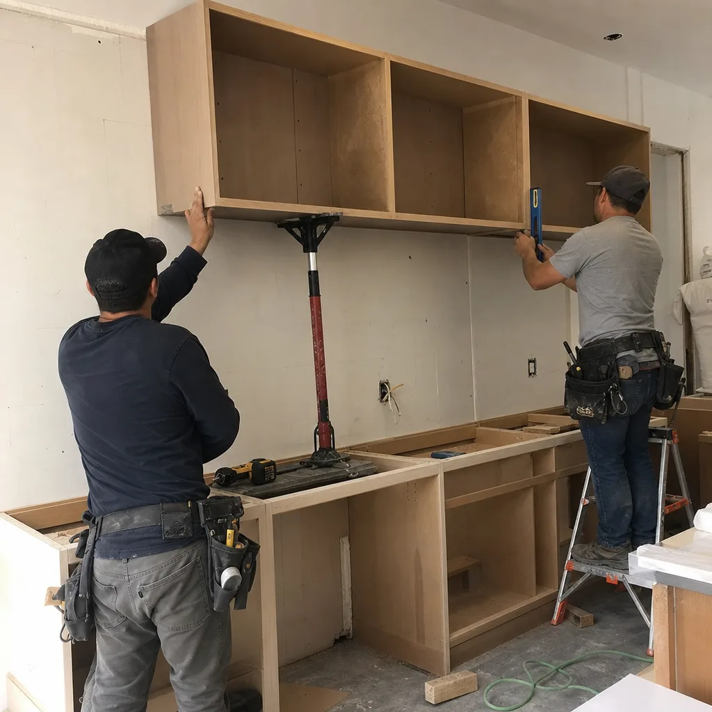 Contractors installing custom wooden kitchen cabinets during a home remodeling project