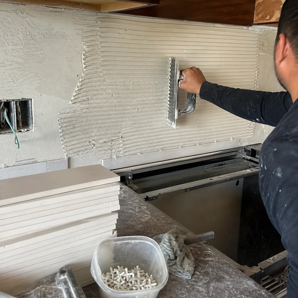 Professional contractor spreading mortar for kitchen backsplash tile installation