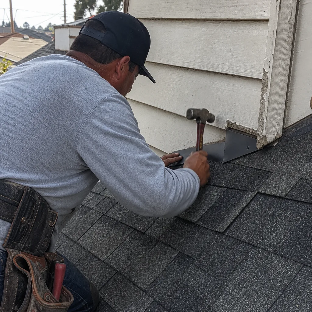 Professional roofer installing metal flashing along a roof and siding joint