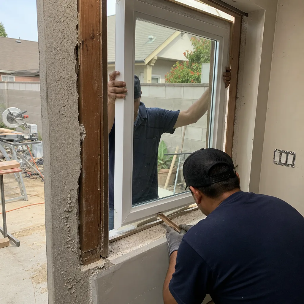 Professional construction worker installing a new white window frame