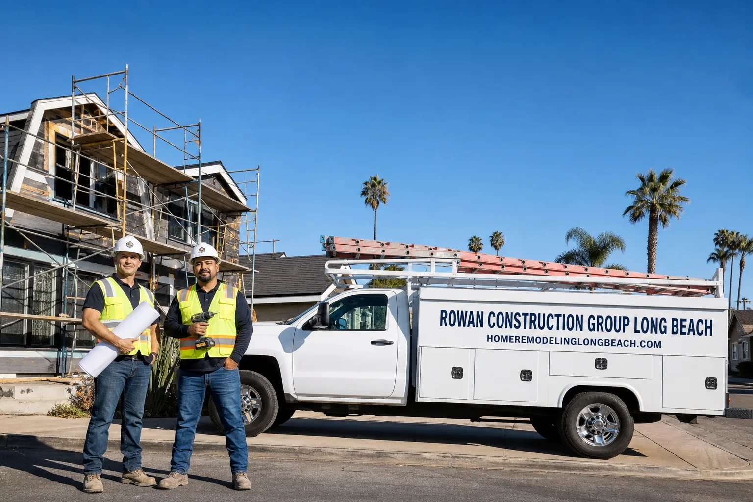 Rowan Construction Group Long Beach construction service vehicle and crew in Long Beach, CA